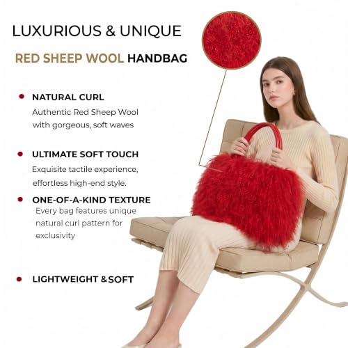 Women Luxury Real Curly Mongolian Lamb Fur Purse - color: Red