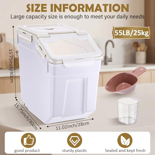 Sunnyray 4 Pcs 55 Lbs Beige Rice Flour Storage Bins with Wheels - color: Beige, size: 55 lbs