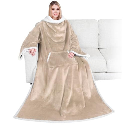 PAVILIA Sherpa Wearable Blanket with Sleeves and Pocket, Plush Thick Cozy Body Blanket Wrap for Adult Women Men, Christmas Gift for Wife Mom, Taupe Tan - color: Taupe