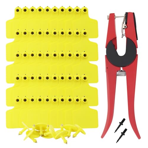 100 PCS Blank Cattle Ear Tags with Pliers TPU Flexible Livestock Identification Tags for Cow Sheep Goat Pig, Farm Animal Management Supply Kit (Yellow, Standard Size-3 * 2.4") - color: Yellow, size: Standard size-3*2.4"