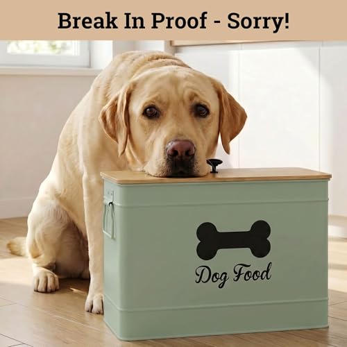 Metal Dog Food Container 15-20 lbs w/ Airtight Bamboo Lid, 70 Cup Capacity - color: Sage Green