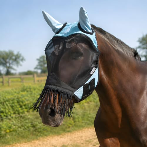 Breathable Horse Fly Mask with Ears and Nose Fringe(L) - size: L