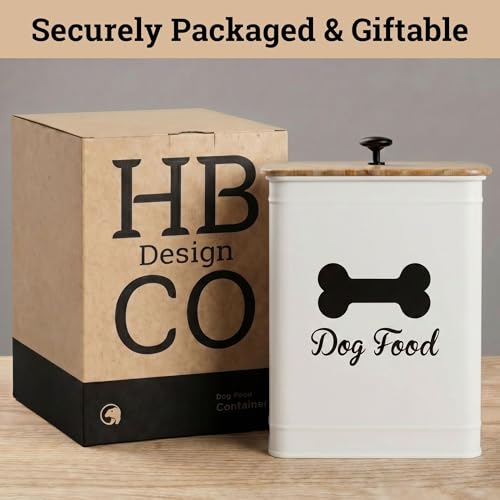 Metal Dog Food Container 5-7lb, 25 Cup w/ Airtight Bamboo Lid, Metal Handle - color: White: Bone