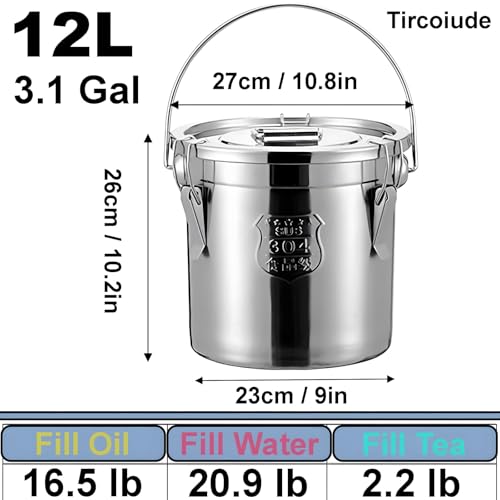 304 Stainless Steel Flour Canister, 12L/3.1 Gal, Handheld with Lids - size: Handheld 12L/3.1gal