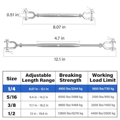 Turnbuckle, 2 Pack 1/4 (M6) 304 Stainless Steel Turnbuckle, 1600 lb WLL - size: 1/4 in (2pcs)