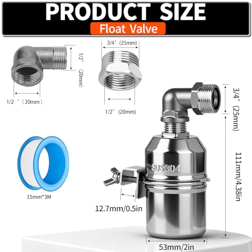 1/2“ 304 Stainless Steel Automatic Water Level Control Float Valve for Water Tank, Cattle Trough, Pools, Livestock (With Elbow, Metal Clip, 1/2" to 3/4" adapter) (2-Pack) - color: 2-Pack