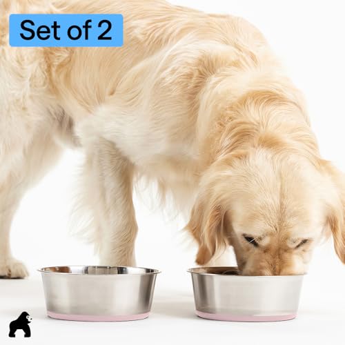 GORILLA GRIP Dog Bowls, Food Grade Stainless Steel, Set of 2, 6 Cup, Pink | 304 Stainless Steel Pet Feeding Bowls Hold 48 fl oz Each, Dishwasher Safe, Rust Resistant, BPA Free Rubber Base - color: Light Pink, size: 6 Cup (48 Oz)