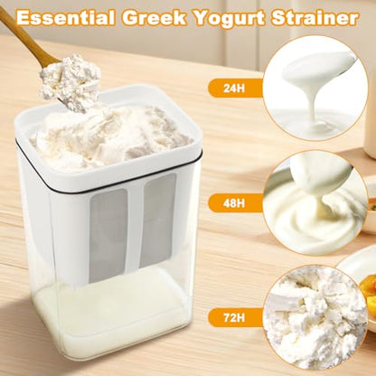 1100ml Greek Yogurt Maker & Strainer with Straw Spoon, Brush & Mesh Bag | 1.16Qt Multiuse strainer with fine mesh bag & lid. Makes yogurt, nut milk, juice, kefir & tofu. Straw spoon & brush included. - size: 1100ML