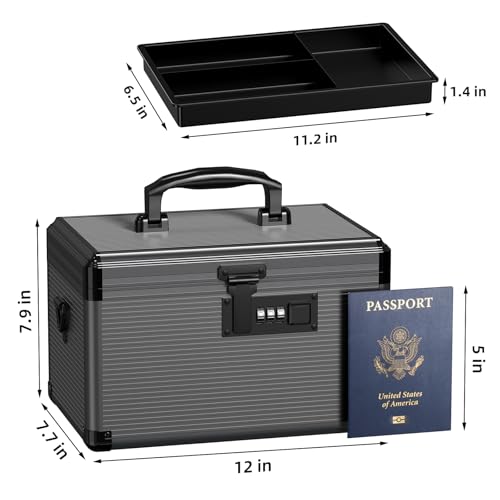 Medicine Lock Box with Code, Medication Lock Box with Removable Tray & Pocket Bag, Portable First Aid Box for Home&Travel, 12 * 7.7 * 7.9 Inch (Black) - size: Medium-12inch
