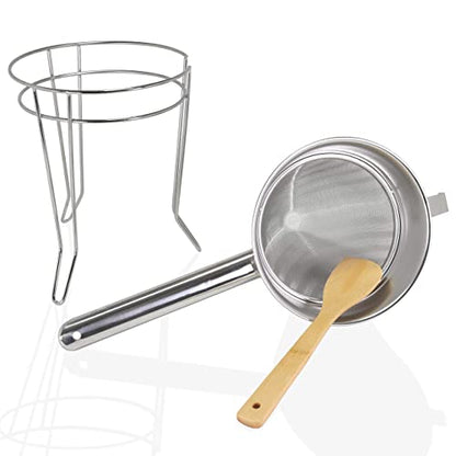 Anchy Premium 8" Chinois Fine Mesh Strainer Set with Stand & Bamboo Spatula – 18/8 Stainless Steel China Cap Cone Sieve, Professional Bouillon Strainer for Sauces, Soups, Broth, Stock, Jelly & Purees