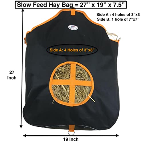 Majestic Ally Nylon Hay Feeder Tote Bag for Horse, Goat, Sheep - Double Sides Open Feed Hole with Faux Leather Ventilated Bottom- Premium Quality -Simulates Grazing - Reduces Waste (Black) - color: Black