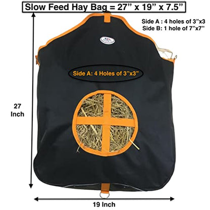 Majestic Ally Nylon Hay Feeder Tote Bag for Horse, Goat, Sheep - Double Sides Open Feed Hole with Faux Leather Ventilated Bottom- Premium Quality -Simulates Grazing - Reduces Waste (Black) - color: Black