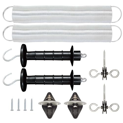 2 Pack Electric Fence Spring Gate Kit, Includes 2PCs of 23 feet Big Tension Spring,2PCs of 2-Way Gate Anchor Insulator, 2PCs of 3-Way Corner/Ends,2PCs of Black Gate Handle, with 4 Screws - color: Black, size: Kit PK2