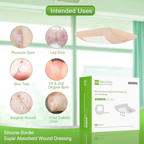 Silicone Super Absorbent Wound Dressing 4"x4", 20 Pack by NeuHeils | High Absorbency, Painless Removal, Waterproof for High Exudate Pressure Ulcers, Bed sores, Leg Ulcers, Surgical Wounds, Cuts - size: 4''x4'' (20 Packs)