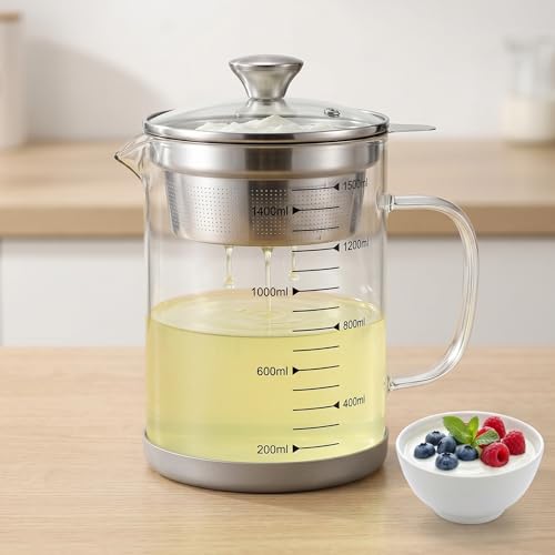Jucoan Glass Bacon Grease Container with Strainer for Kitchen, 50 oz /1.5L High Borosilicate Glass Greek Yogurt Strainer, MultiFunctional Almond Soy Milk Nut Milk Juice Strainer Filter Pitcher
