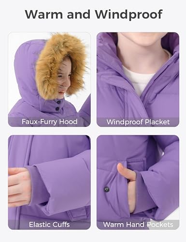 wantdo Girls' Waterproof Winter Coat Long Puffer Jacket Warm Parka Hooded - color: Purple, size: 14-16