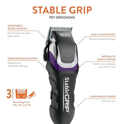 Wahl Pro Animal Stable Grip Equine Grooming Kit, Long Power Cord | Comprehensive Equine Grooming Kit, Trimming Face, Ears, and Fetlocks, Stable Grip Clipper, Easy-to-Adjust Cutting Lengths
