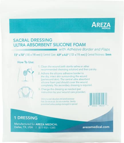 Areza Medical - Silicone Foam with Super-Absorbent Layer - Wound Dressing - Waterproof - with Adhesive Border - Sterile - Designed for Sacral Wounds - 7.2" x 7.8" - 10 PCS per Box - size: 7.2" x 7.8" - 10 PCS