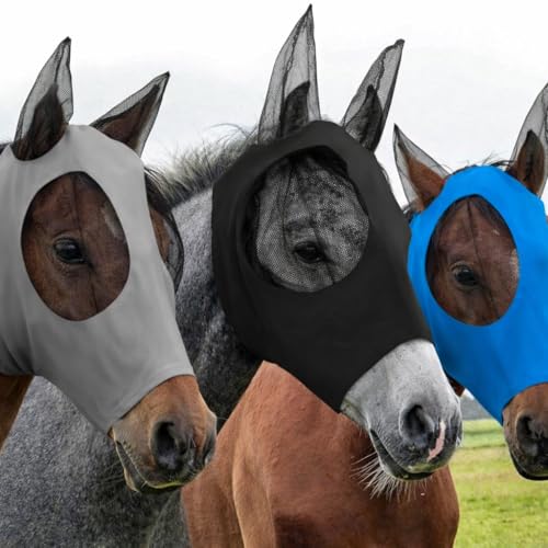 Horse Fly Mask - Arab Equine Fly Mask with Full Coverage for Eye & Ear - Stretchable, UV & Sun Protection Flymask for Horses, Ponies & Mini Horses - Horse Face Cover for Pasture & Trail - 3pack