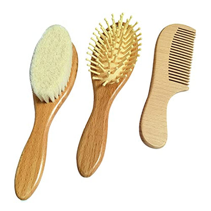 3 Piece Baby Hair Brush and Comb Set | Natural Wooden Hairbrush, Soft Goat Bristles, For Cradle Cap, Scalp Grooming Product - color: Walnut