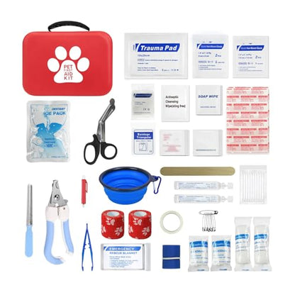 Nazarian Risen Red Portable Waterproof EVA Emergency Dog Cat Pet First Aid Kit Bag - Compact Travel Pet Medical Bag for Hiking, Camping, Hunting, Sports - Travel Kit for Dogs & Cats