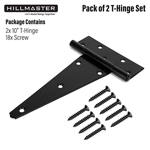 HILLMASTER 10 Inch T-Strap Heavy Duty Shed Door Hinges Gate Strap Hinges Black Tee Hinge Wrought Hardware for Wooden Fences,Yard,Barn Door,Rustproof (2 Pack) - size: 10in 2Pack