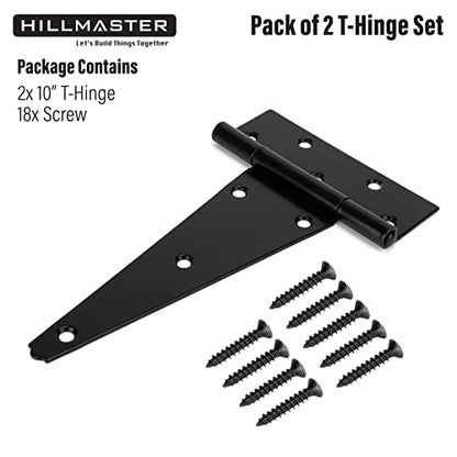 HILLMASTER 10 Inch T-Strap Heavy Duty Shed Door Hinges Gate Strap Hinges Black Tee Hinge Wrought Hardware for Wooden Fences,Yard,Barn Door,Rustproof (2 Pack) - size: 10in 2Pack