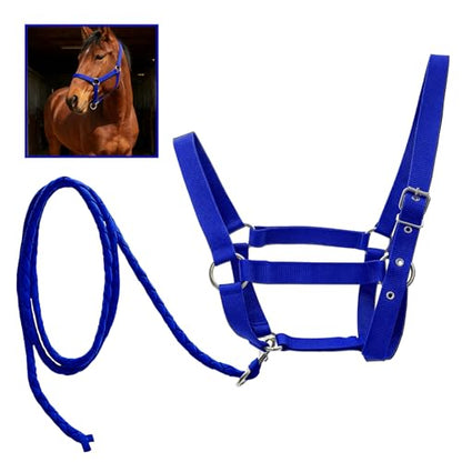 Adjustable Nylon Horse Halter & Matching Lead Set for Horses - color: BLUE