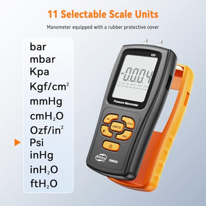 Digital Manometer Gas Pressure Tester, Professional Air Pressure Meter, Differential Pressure Gauge for HVAC, Gas Valve (GM520)