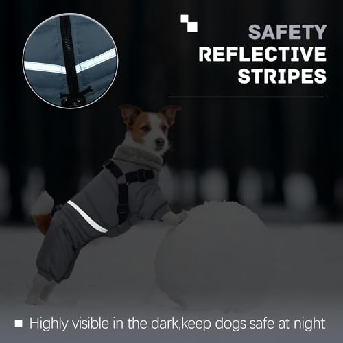 BRKURLEG Grey Dog Winter Coat, Cozy Winter Dog Jackets, Small Dogs Coat with Harness, Onesie Body Warm Puppy Jacket, Pet Reflective Windproof Cold Weather Jackets, Puppy Four-Legged Puffer Coats, S - color: Grey, size: Small
