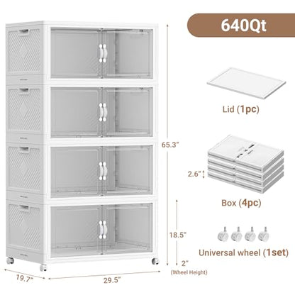 BROVIEW 640QT Large Stackable Storage Bins with Clear Doors, V20 4Pack | 160Gal Plastic Closet Organizer Cabinet with Lid and Wheels, Collapsible Latch Box Folding Drawer for Home, White - size: 160QT-4Pack