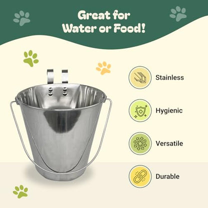 9 Quart Stainless Steel Bucket with Dual Hook | Perfectly Fits on Kennels, Cages and Critter Crates | Heavy Duty Bucket for Pets Cleaning & Food Prep - Flat Sided Pail - size: 9 Quart - Hooked