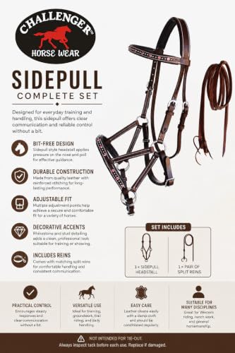 Horse Western Leather Beaded Bitless Sidepull Bridle Reins Rhinestone - color: Brown/Pink