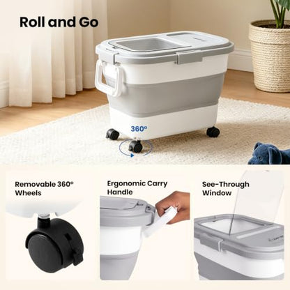 Dog Food Storage Container 15-25lbs, Airtight Pet Food Bin with Locking Lid & Clear Window, Collapsible Rolling Storage Container with Wheels & Scoop, Gray - color: Gray-M
