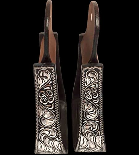 Majestic Ally Western Horse Aluminum Black Engraved Stirrups- Adults - style: Silver-Black