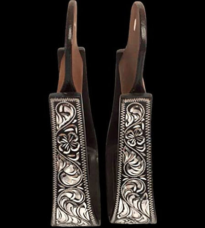 Majestic Ally Western Horse Aluminum Black Engraved Stirrups- Adults - style: Silver-Black
