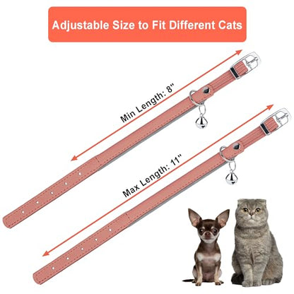OOPSDOGGY Rolled Leather Cat Collar with Bell, Reflective Kitten Collars with Buckle Include Safety Elastic Strap - Adjustable Small Pet Collars for Boy Girl Cats (Peach) - color: Peach