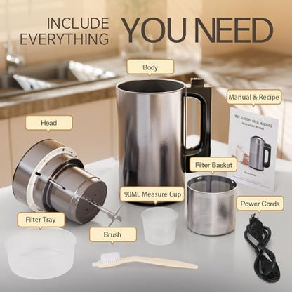 50oz Almond Milk Maker Machine (Built-in Strainer Filter) Make Plant Based Milk, Soup & Juice, 6-7 Cups Per Batch, 304 Stainless Steel, 5.3 lb, Automatic Cleaning, 8-IN-1 Nut Milk Maker for Soy & Oat