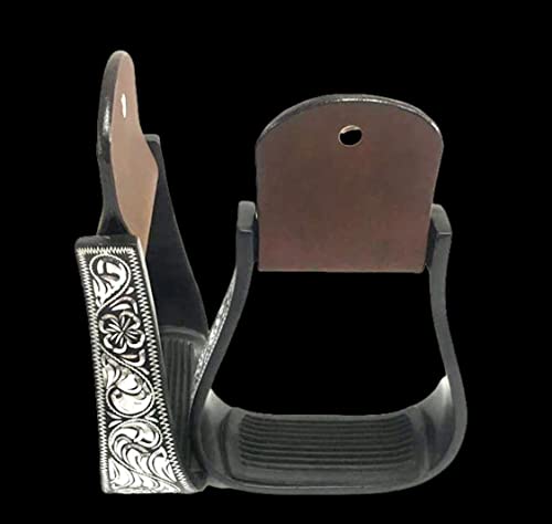 Majestic Ally Western Horse Aluminum Black Engraved Stirrups- Adults - style: Silver-Black