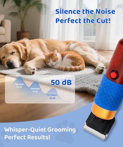 200W Professional Dog Grooming Clippers with Stepless Speed Control, Low Noise <50dB Pet Hair Trimmer Kit, Solid Wood Handle, 2 Blades, Dual-Sided Guide Combs, Heavy-Duty Plug-in Clippers for Cats