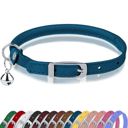 OOPSDOGGY Rolled Leather Cat Collar with Bell, Reflective Kitten Collars with Buckle Include Safety Elastic Strap - Adjustable Small Pet Collars for Boy Girl Cats (Blue) - color: Blue