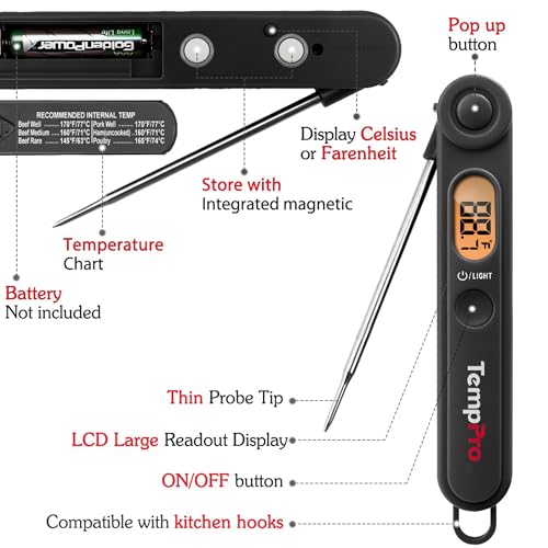 TempPro TempSwift Digital Meat Thermometer with Temperature Indicator | Instant Read Food Thermometer with Pop-up Meat Probe and Backlight for Oil Deep Fry Smoker BBQ Grill Kitchen Candy - color: Pitch-black