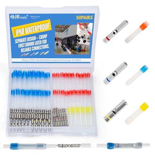 JRready ST6581 Heat Shrink Butt Splice Kit Wire Crimp Butt Connectors IP68 Waterproof MiniSeal 26-12AWG Blue Yellow Red Connector Tinned Copper M81824/1 PE Insulation Sleeves Marine Electrical 50Pairs - color: 20# 20Pairs+16# 25Pairs+12# 5Pairs