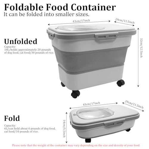 20-30 Lbs Grey Collapsible Airtight Rice Pet Food Storage Container | With Rolling Wheels Lock Lid Scoop Cup, Large Bin for Rice Flour Pet Food Home Storage