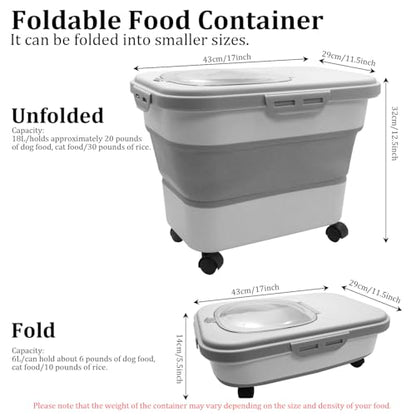 20-30 Lbs Grey Collapsible Airtight Rice Pet Food Storage Container | With Rolling Wheels Lock Lid Scoop Cup, Large Bin for Rice Flour Pet Food Home Storage