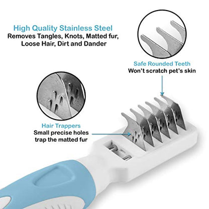 Pets First Professional Pet Mat Remover - Dematting Tool for Grooming Cats & Dogs - Removes Matted Fur, Tangles, Knots, Loose Hair & Dirt - Stainless Steel, Gentle Teeth, Soft Comfort Grip Handle,Blue