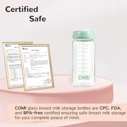 COMI Wide Neck Glass Breastmilk Collection n Storage Bottle, 2 Packs,10oz with Screw Ring Sealing Disk,Re-markable Sealing Disc,BPA Free,Fits Breast Pumps&Nipples(2 Green Lids) - style: 300ml 2Green