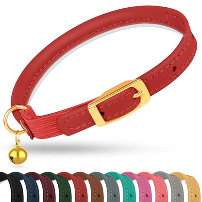 OOPSDOGGY Rolled Leather Cat Collar with Bell - Reflective Kitten Collar with Safety Elastic Strap - Adjustable Small Pet Collars for Boy Girl Cats (Red) - color: Red