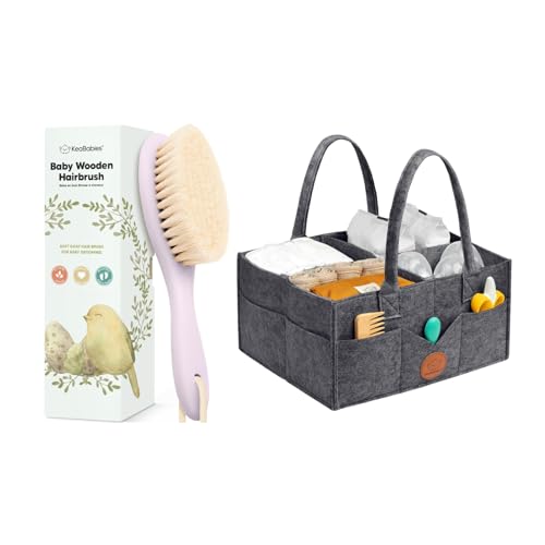 KeaBabies Baby Hair Brush and KeaBabies Diaper Caddy Organizer - Wooden Brush with Soft Goat Bristles, Organizer for Nursery, Cradle Cap Hairbrush