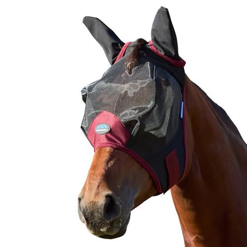 WeatherBeeta ComFiTec Fine Mesh Fly Mask with Ears, Black/Burgundy, Medium - color: Black/Burgundy, size: M